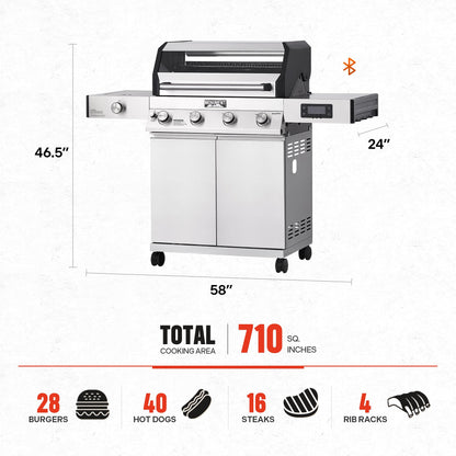 4+1 Liquid Propane Gas Smart BBQ Grill, 4 Burners & 1 Side Burner, Denali 405 Stainless Steel with Smart technology, Knob Controls, Outdoor Use