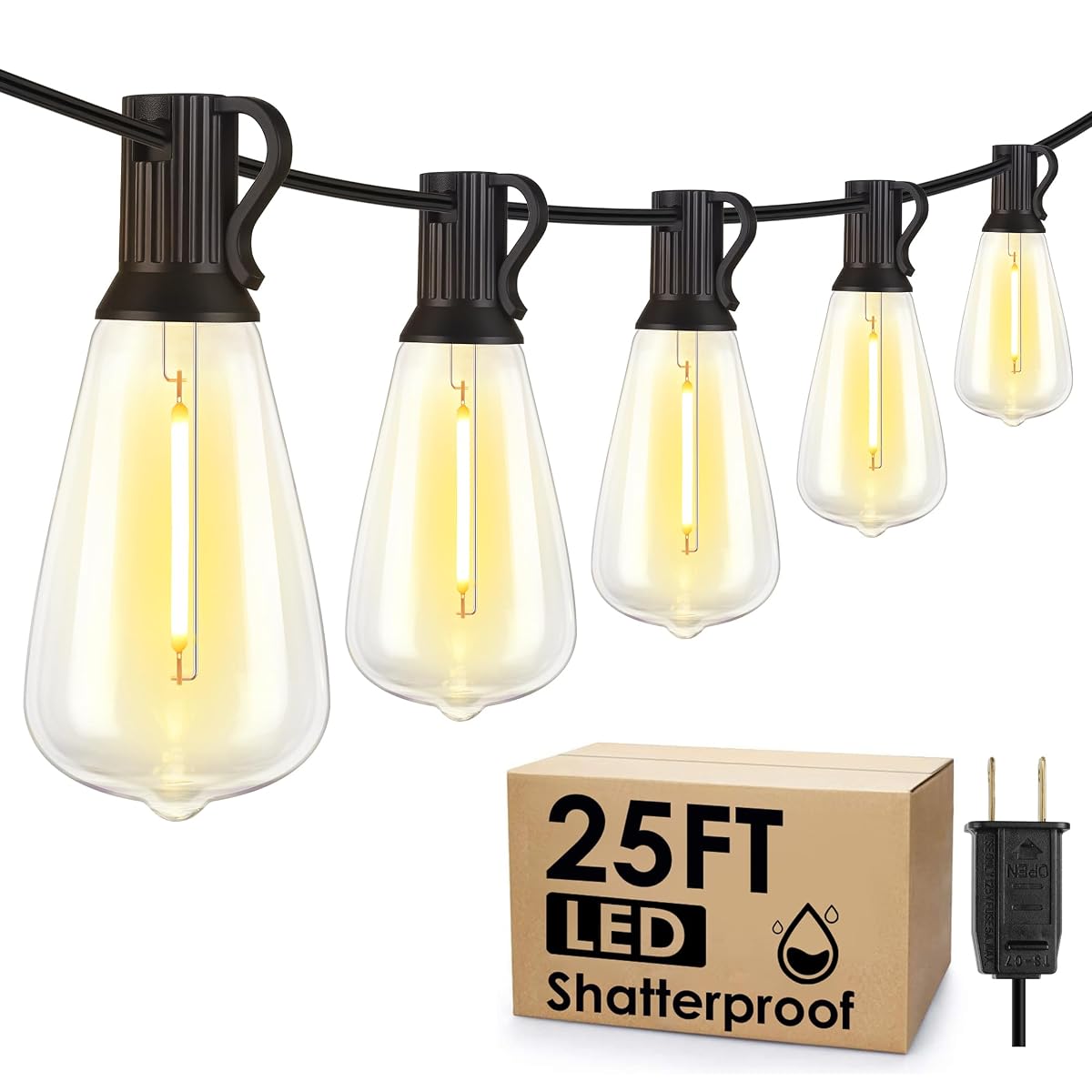25FT Outdoor String Lights, Patio Lights with 10+1 LED Dimmable Waterproof Shatterproof ST38 Retro Edison 2700K Bulbs for Balcony Yard, Black