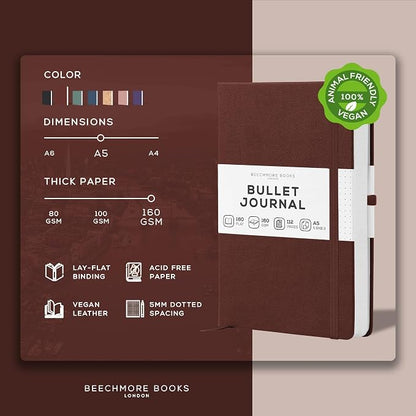 BEECHMORE BOOKS A5 Dotted Journal – 160gsm Thick Paper No-Bleed Bullet Notebook – Hardcover Dot Grid Logbook with Presentation Gift Box – Vegan Leather Sketchbook for Artists & Professionals