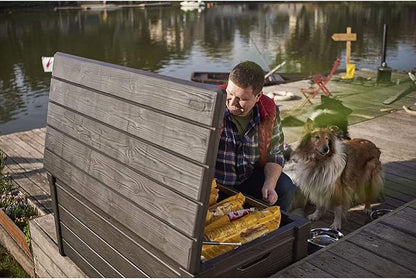 Keter Outdoor Storage Deck Box, for Patio, Backyard & Garden, Brightwood, 120 Gal, Brown - Lockable, Organizing, and Waterproof Plastic Container Bench