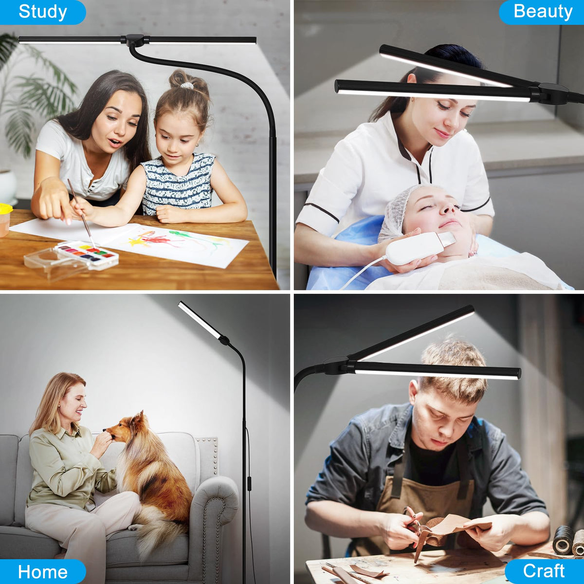 LED Floor Lamp, 18W/2000LM Bright Reading Floor Lamp for Office with Double Head, Adjustable Gooseneck Dimmable Modern Standing Light for Lash Extension Craft, Eye Caring Floor Lamps for Living Room