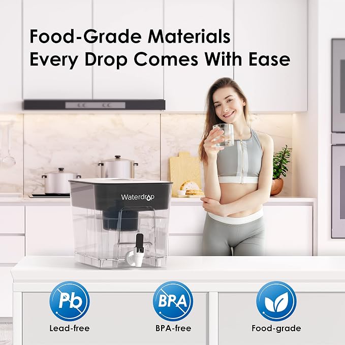 Waterdrop WFD-22L-A Alkaline Water Filter Dispenser, Large 40-Cup, Black | 100-Gallon Water Filter Pitcher, Healthy, Clean & Toxin-Free Mineralized Alkaline Water, BPA Free