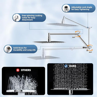 All Metal Rain Shower Head, 8” High Pressure Rainfall Shower Head with Handheld Showerhead, 5" Large Panel Handheld Spray Powerful Clean 10 Modes, 16" Stainless Steel Adjustable Extension Arm, Chrome