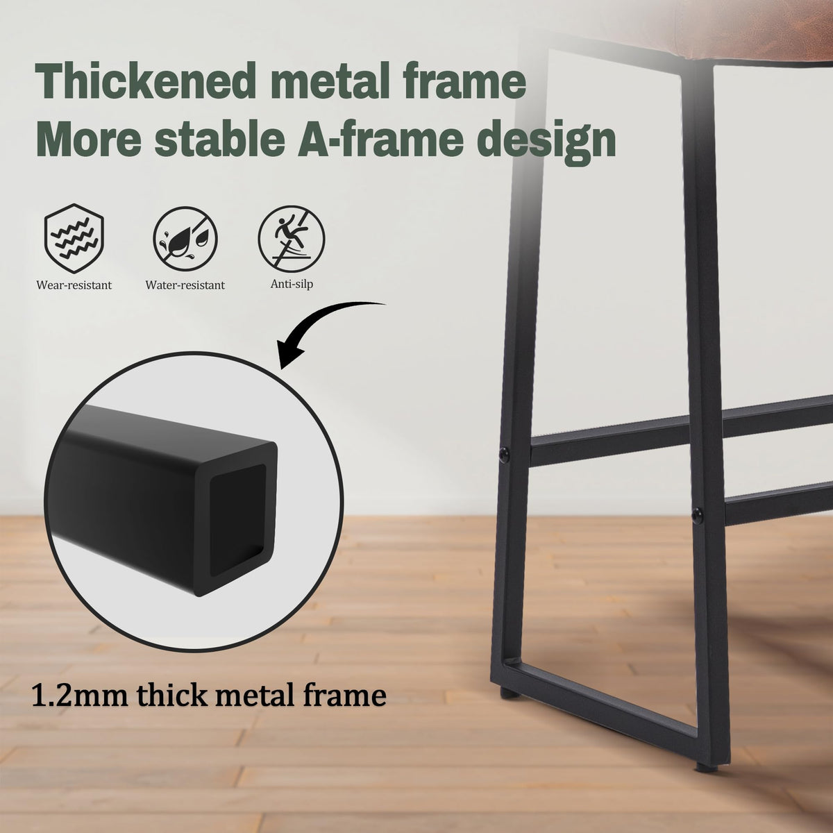 Modern Bar Stools Set of 6 for Kitchen Counter 24 inch Counter Height Backless Barstools with Upholstered Faux Leather Saddle Seat and Metal Frame Industrial Bar Chairs, Brown