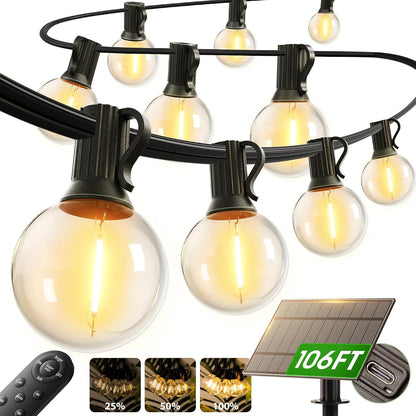 100FT Solar String Lights Outdoor with Remote, 54 LED Shatterproof Bulbs, USB Charging, 20+ Hour Runtime, Dimmable & Timable, G40 Waterproof Solar Lights for Outside Backyard Patio Garden Decor