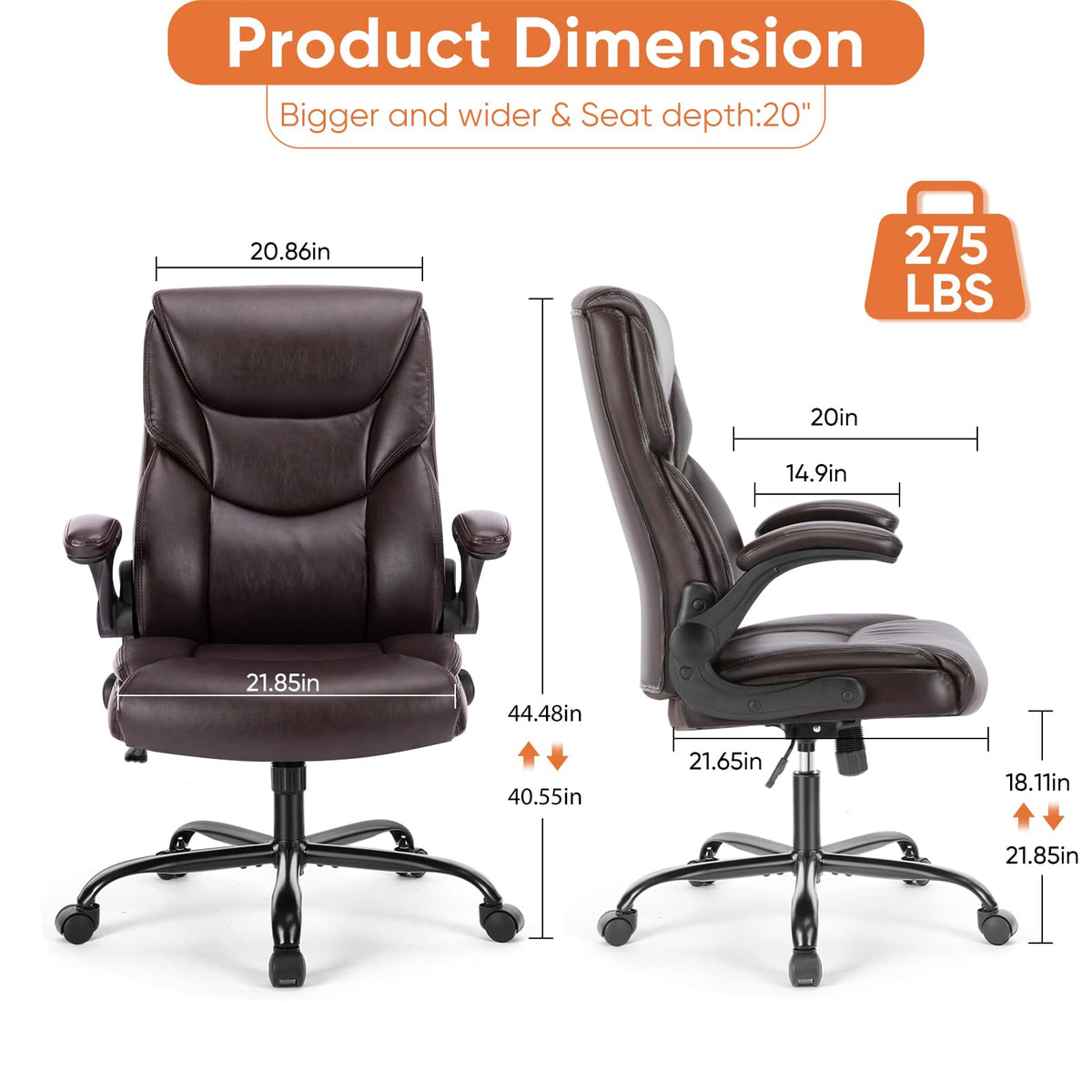 Computer Gaming Chair, Ergonomic High Back Heavy Duty Task Desk Office Chairs with Wheels, Flip-up Arms, Adjustable Height, PU Leather,Dark Brown