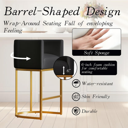 Modern Counter Height Bar Stools,Bar Stools Set of 4,PU Leather Upholstered Barrel Barstools with Backs,24'' Kitchen Island Chairs,Metal Gold Frames,Ink Black Leather