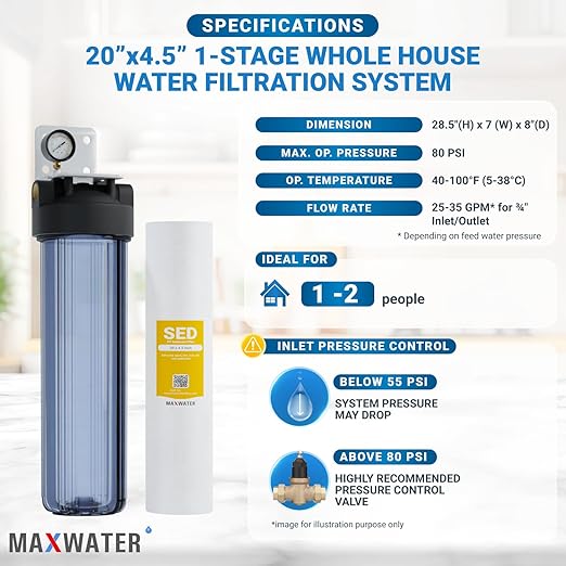 20" 1 Stage Whole House Water Filter System 1" Ports Double O Ring Clear Filter Housing + Gauge w/ 5-Micron Polypropylene Sediment Water Filter Good for RV (1 Stage Sediment 5 Micron)