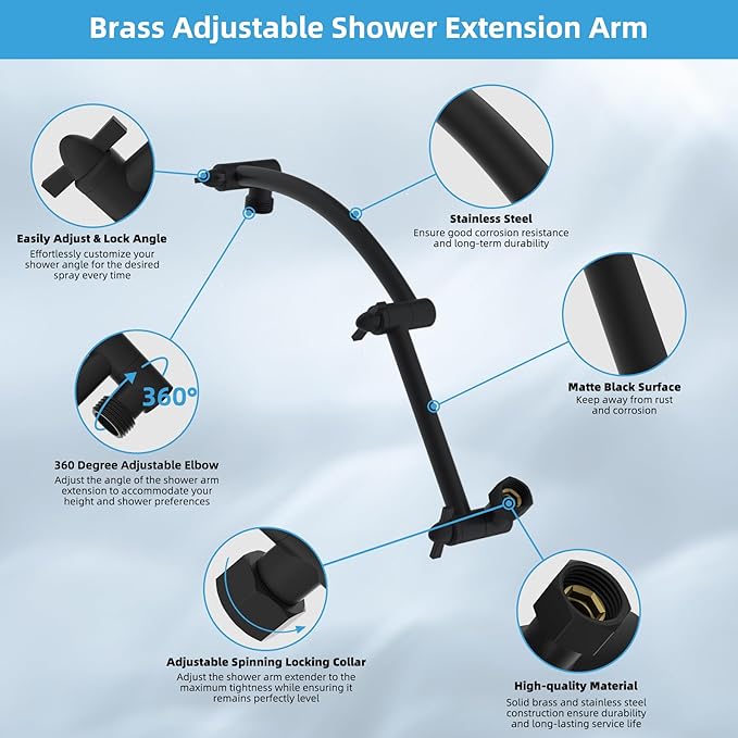 Hibbent All Metal cUPC Certified Rain Shower Head, 10'' High Pressure Rainfall Showerhead with 16" Shower Head Extension Arm, Solid Brass Adjustable Shower Arm Extender, fixed Showerheads, Matte Black