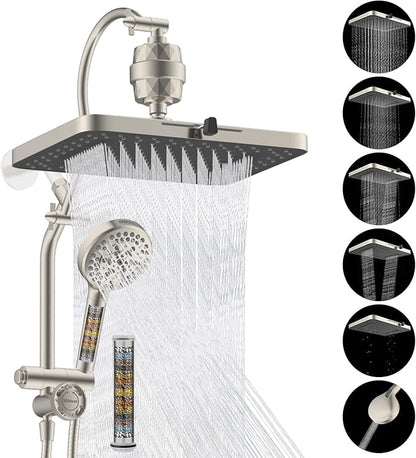 Hibbent 5-spray Dual Filtered Rainfall Shower Head Combo, High Pressure 13'' Showerhead with 10 Spray Mode Handheld, Easy Reach 4-way Diverter Arm with Pause Mode, 71'' Hose & Holder, Brushed Nickel