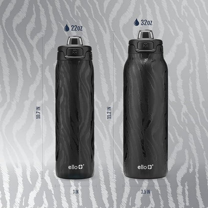 Ello Pop & Fill 32oz Stainless Steel Water Bottle with QuickFill Technology, Double Walled and Vacuum Insulated Metal, Leak Proof Locking Lid, Straw and Chug, Reusable, BPA Free, Black Zebra