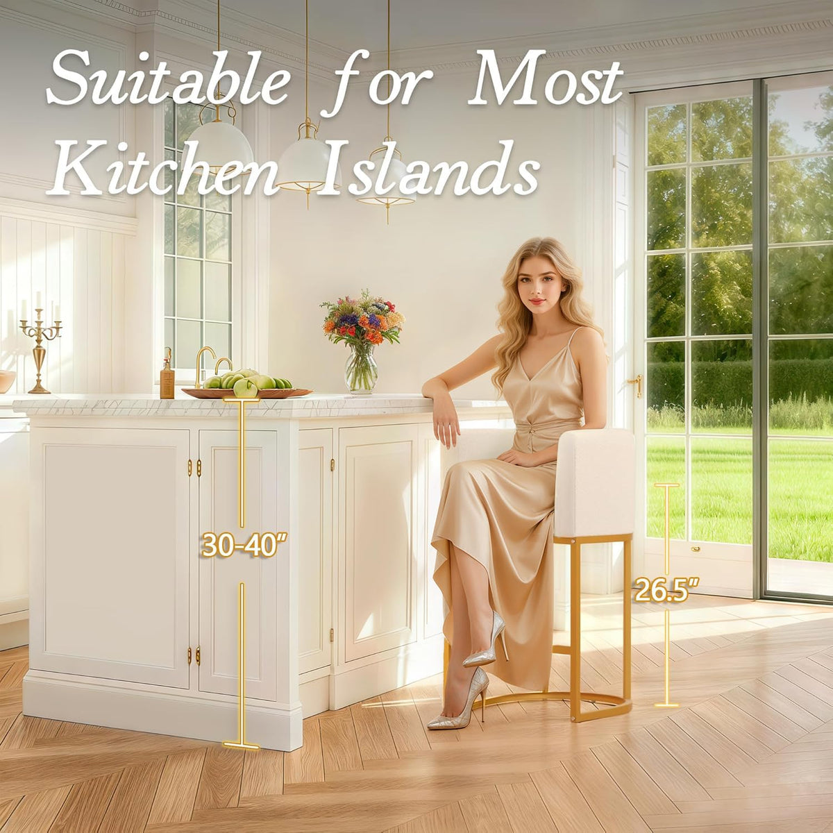 Modern Counter Height Bar Stools,Bar Stools Set of 2,Fabric Upholstered Barrel Barstools with Backs,26'' Kitchen Island Chairs,Metal Gold Frames,Off White Linen