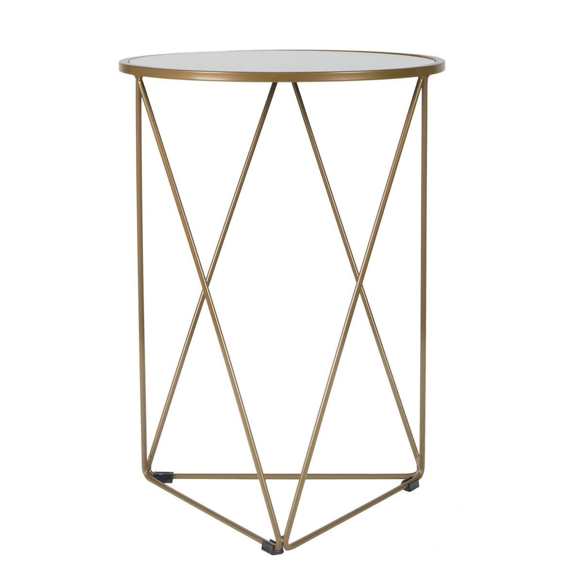 Metal Accent Table Triangle Base Round Mirror Top, Gold