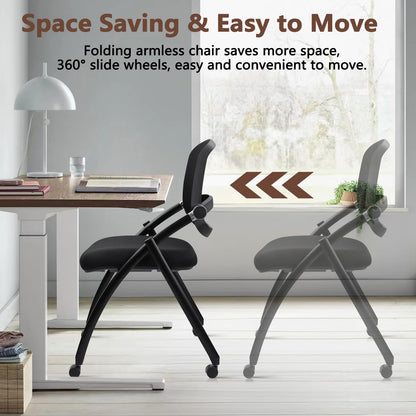 8PACK, Stackable & Foldable Chairs with Wheels, Reception Guest Chairs with Lumbar Support, Ergonomic Curved Mesh Back Folding Chair for Office Schools Conference Waiting Room, Black