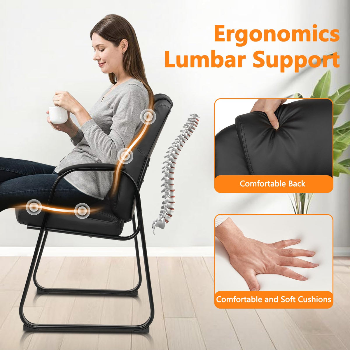 4 Pack, Leather Guest Chair with Padded Arm Rest for Reception Meeting Conference and Waiting Room Side Office Home Black with Sled Base