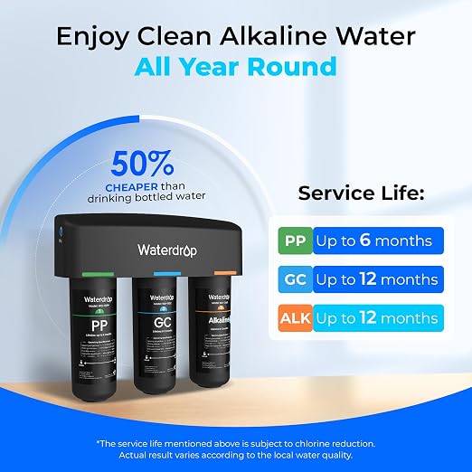 Waterdrop TSB-ALK 8 Layer Slightly Alkaline Under Sink Water Filter System | Reduces PFAS, PFOA/PFOS, Fluoride, Chlorine, Bad Taste & Odor, with Dedicated Faucet, Under Sink Water Filtration System