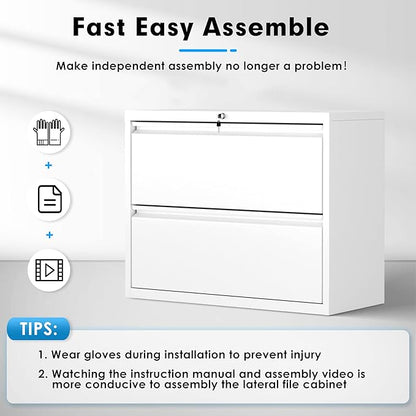 Pataku Lateral File Cabinet, 2 Drawer File Cabinet with Lock, White Filing Cabinets for Home Office, Metal File Cabinet for Hanging Files/Letters/Legal/F4/A4(2Drawer/White)