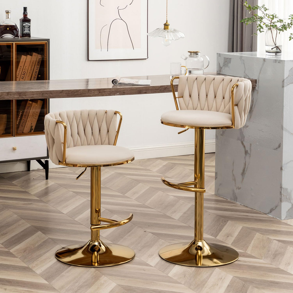 Gold Velvet Bar Stools Set of 6, Swivel Counter Height Bar Stools with Back, Adjustable Woven Barstools for Kitchen Island, Pub, Club (Beige)