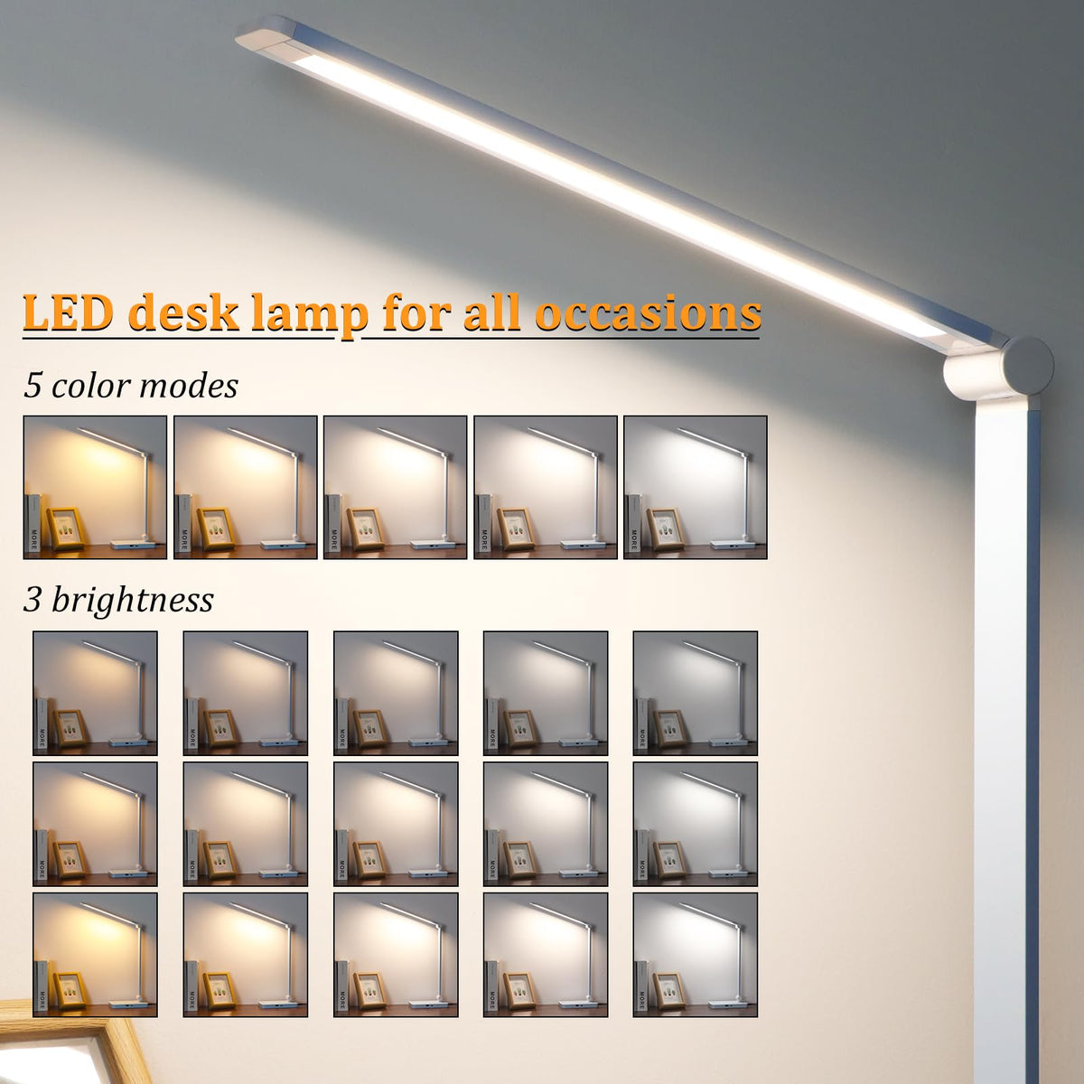 LED Desk Lamp with USB Ports,Touch Desk Lamps for Home Office with 5 Color Modes,3 Brightness Desk Light with Small Night Light,Reading Lamp Table Lamp for Bedroom Bedside Study Blue （with adapter）
