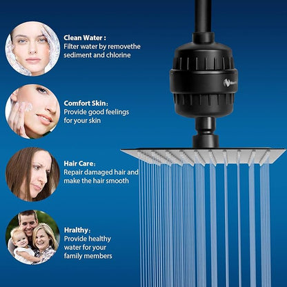 NearMoon Square Shower Head and 15 Stage Shower Filter Combo, High Pressure Filtered Head for Hard Water, Improves the Condition of Your Skin, Hair (Matte Black)