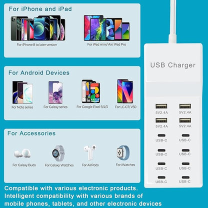 USB Charger, 12-Port Charging Station (4 USB-A Ports and 8 USB-C Ports) Compatible with Multiple Devices for iPhone 15/14/13/12Pro, Tablet PC, Smartphone
