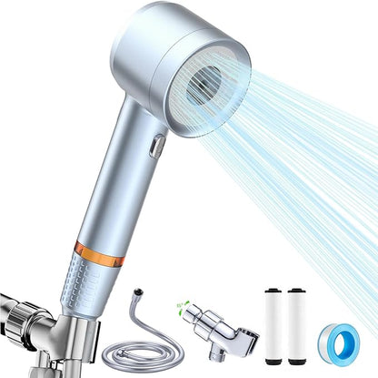 High Pressure Shower Head with Handheld, with Pause Switch 4 Spray Modes Water Saving Showerhead,Showerhead Set with Hose, Bracket and Cotton Filter, (blue)
