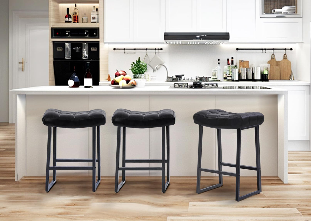 Black Modern Bar Stool for Kitchen Counter Backless Counter Height Barstool with Upholstered Faux Leather Seat and Metal Frame Industrial 24 inch Bar Chair