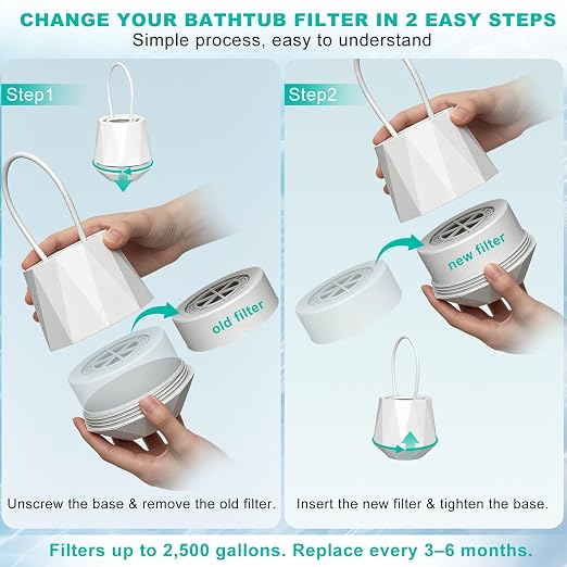 Bathtub Filter, Bath Filter for Tub Faucet, 8-Stage Bath Water Filter with 2 Filters, Removes 90%+ Chlorine & Contaminants, BPA Free, High Flow 2.5 GPM, 77°F-158°F for Softer Skin & Healthier Hair