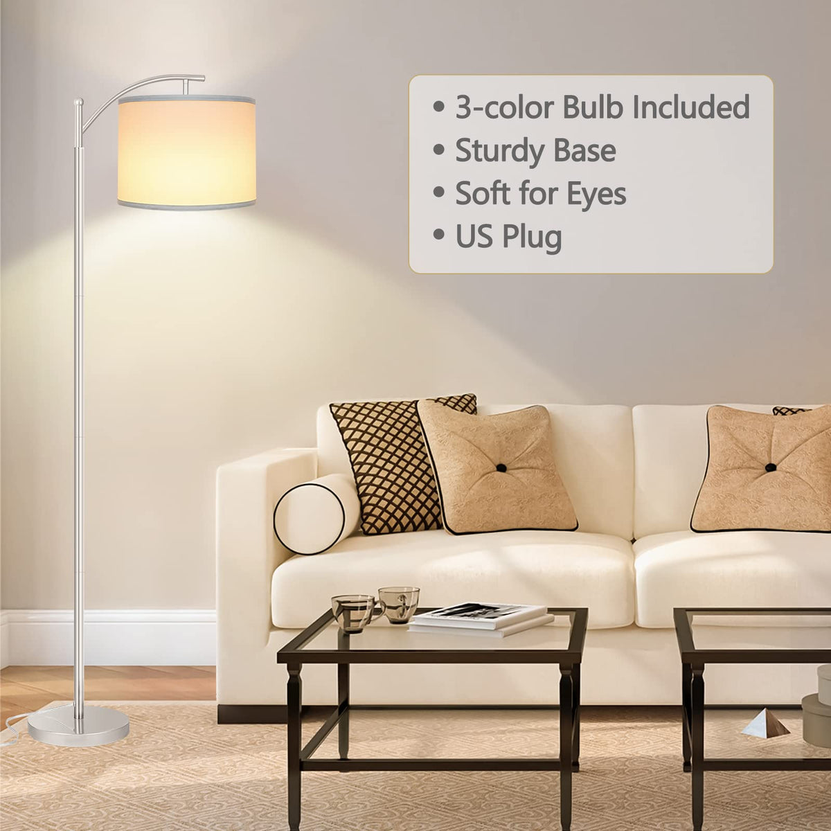 Floor Lamp for Living Room, LED Standing Lamp with 2 Lamp Shades for Bedroom, 9W LED Bulb Included - Silver