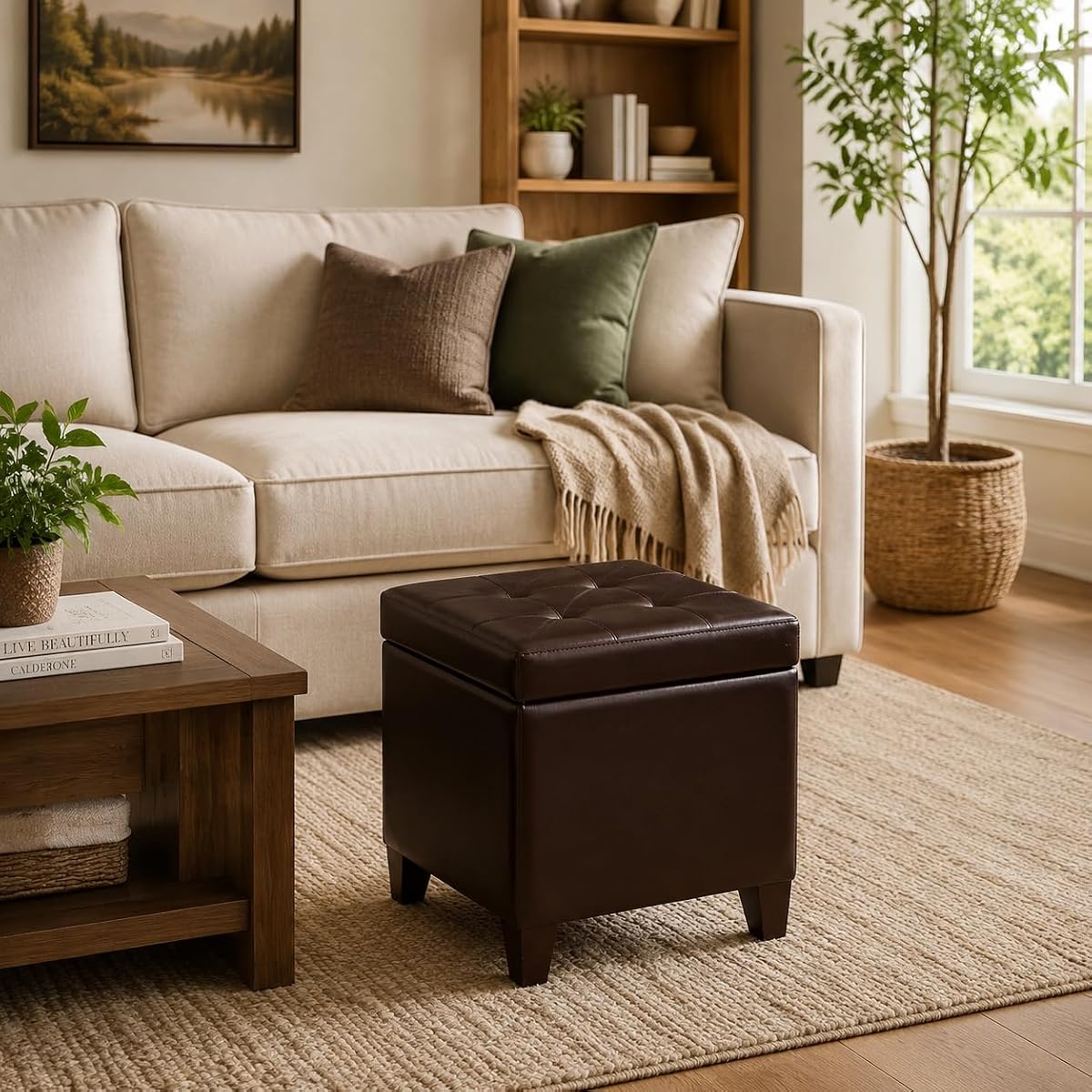 Leather Ottoman with Storage,18" Square Ottomans Foot Rest with Hinged Lid & Solid Wood Legs Upholstered Cube Footstool Hidden Storage for Living Room, Bedroom(Brown)