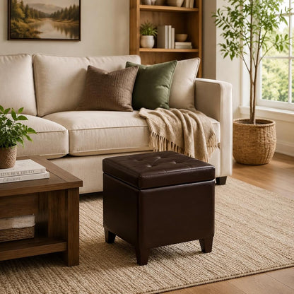 Leather Ottoman with Storage,18" Square Ottomans Foot Rest with Hinged Lid & Solid Wood Legs Upholstered Cube Footstool Hidden Storage for Living Room, Bedroom(Brown)