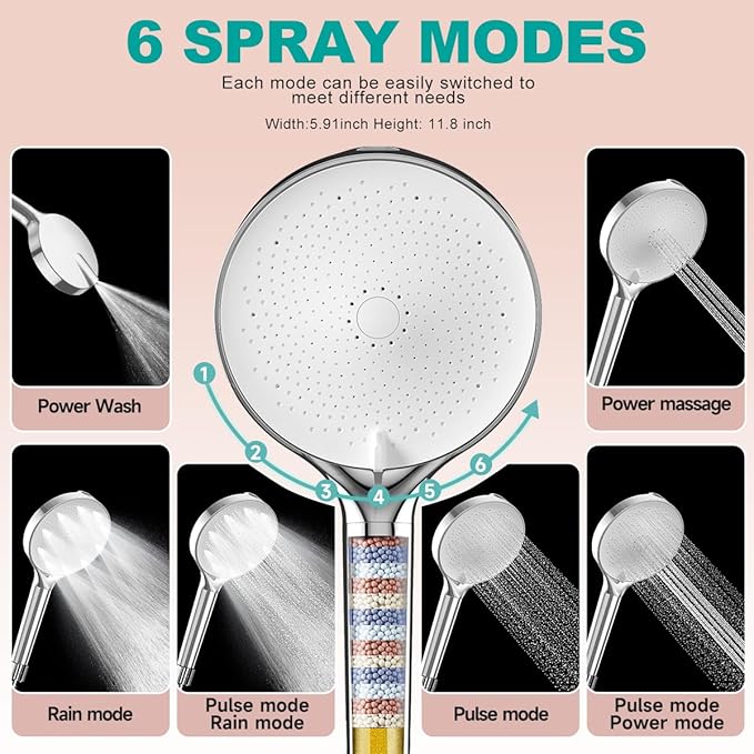 6“ Filtered Shower Head with Handheld, 6 Modes High Pressure Shower Head with Filter for Hard Water, Detachable Showerhead with Stainless Steel Hose and Shower Arm Bracket, Chrome-White
