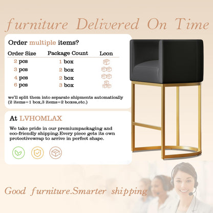 26" Modern Counter Height Bar Stools,PU Leather Upholstered Barrel Barstools with Backs,Island Chairs Bar Stools Set of 1,Metal Gold Frames,Black Leather