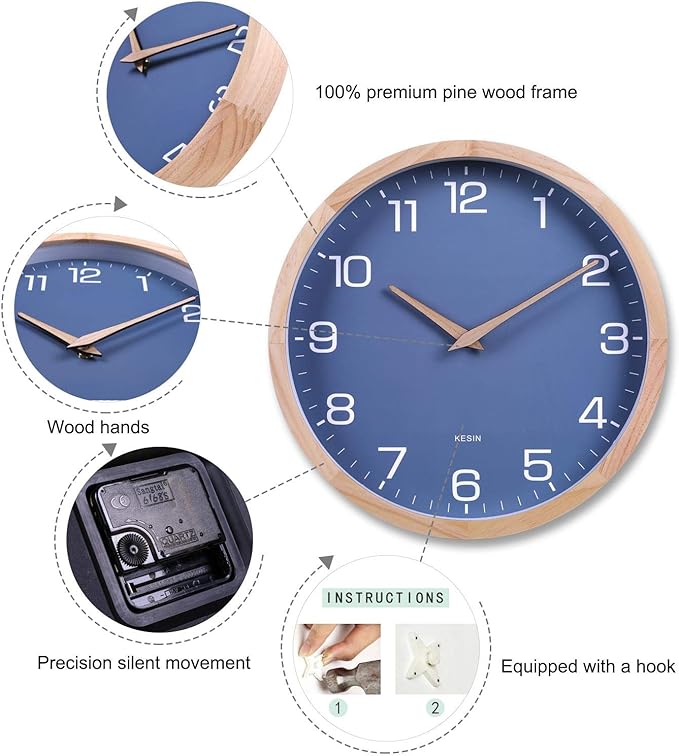 Kesin Wall Clock 12 Inch Silent Non Ticking Wood Wall Clocks Battery Operated - Wooden Blue Modern Simple Clock Decorative for Kitchen,Living Room,Bedroom,Kid’s Room