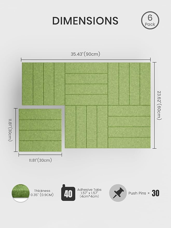 Bumusty Large Cork Board Alternative-36 x24 Felt Bulletin Board Tiles, with 30 Pushpins, 40 Adhesive Tabs, 6-Pack Slat Wall Paneling, Cork Boards for Office Push Pin Board Felt Board-Kelly Green