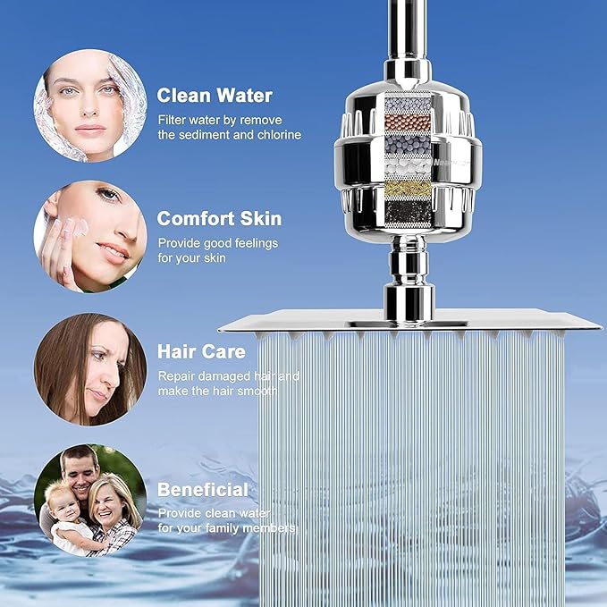 NearMoon Filtered Shower Head, High Pressure 8″Square, 5 settings Handheld Rain Shower Filter Combo with Self-adhesive Holder/1.5M Hose -1 Replaceable Filter Cartridge (Chrome Finish)