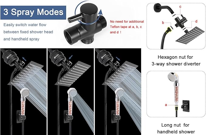 HarJue Filter Shower Head, High Pressure 8 Inch Rainfull with Filter Combo for Hard Water, Remove Chlorine Fluoride and Harmful Substances- 1 Replaceable Filter Cartridge (Square, Matte Black)