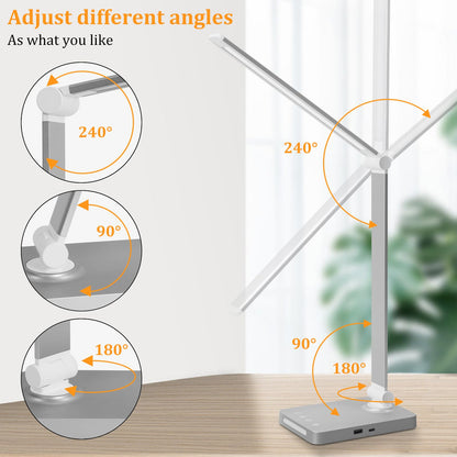 LED Desk Lamp with USB Ports,Touch Desk Lamps for Home Office with 5 Color Modes,3 Brightness Desk Light with Small Night Light,Reading Lamp Table LED Lamp for Bedroom Bedsid Study Sliver