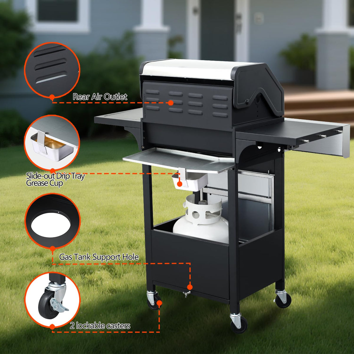 39000 BTU Output Propane Gas Grill with Side Burner and 3 Main Burners - Double-layer Stainless Steel Lid, Cast Iron Grids, Easy-Clean Grease Management & Even Heat Distribution for Perfect BBQs