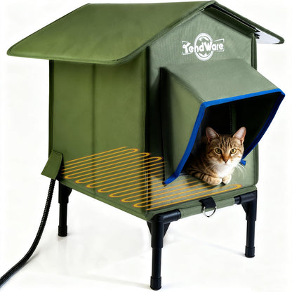 Outdoor Cat House Heated Cat House for Outside with Elevated Base Cat-Attracting Eave Design Feral Stray Shelter Weatherproof in Winter Garage Yard Porch