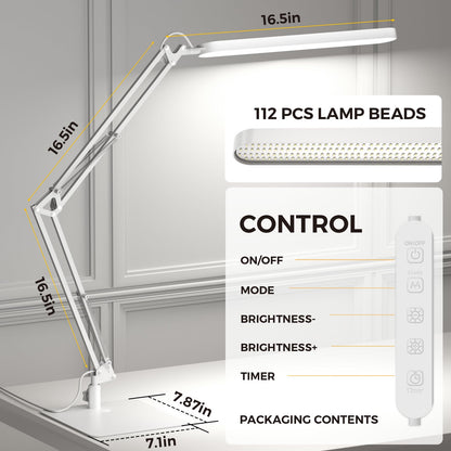 LED Desk Lamp with Slim Base - Adjustable Swing Arm Desk Light, Dimmable, Timer, Eye Protection, Memory Function, 1300LM, 12W, White