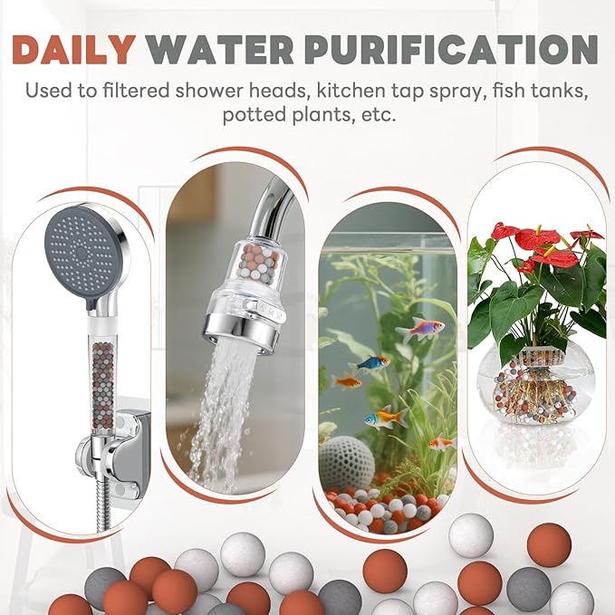 YDmeet Replacement Mineral Balls for Filtered Shower Head Refills, Water Softener Beads Filtration Stone Ball to Remove Chlorine, Fluoride and Impurities (102.0 Grams, Orange, Gray, White)