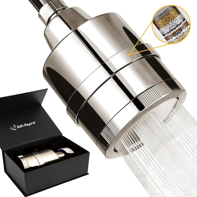 BathBeyond Shower Filter Head 2-in-1 Vitamin C 15 Stage High Output Water Filter With cartridge for Hard Water - Removes Chlorine Fluoride and Improves The Condition of Your Skin, Hair (Nickel)