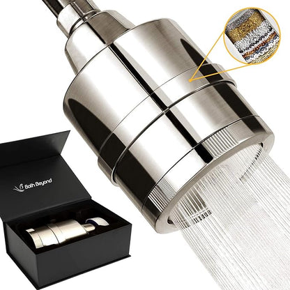 BathBeyond Shower Filter Head 2-in-1 Vitamin C 15 Stage High Output Water Filter With cartridge for Hard Water - Removes Chlorine Fluoride and Improves The Condition of Your Skin, Hair (Nickel)