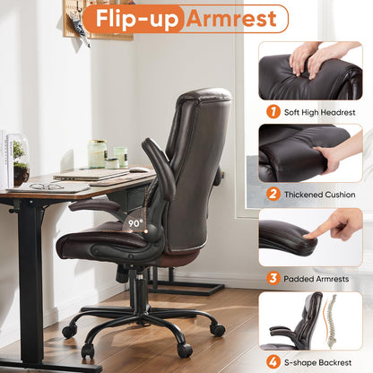 Computer Gaming Chair, Ergonomic High Back Heavy Duty Task Desk Office Chairs with Wheels, Flip-up Arms, Adjustable Height, PU Leather,Dark Brown