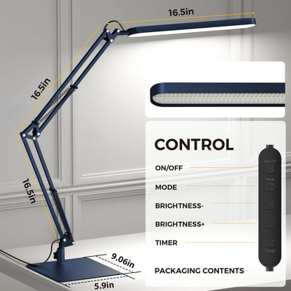 LED Desk Lamp with Slim Base - Adjustable Swing Arm Desk Light, Dimmable, Timer, Eye Protection, Memory Function, 1300LM, 12W, Blue