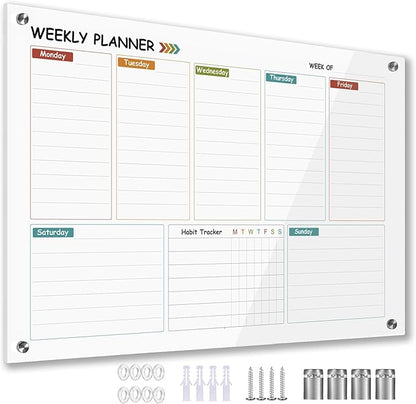 Glass Colorful Weekly Dry Erase Calendar Whiteboard for Wall,24"x 36",Frameless Mounting,Office/School/Home, Frameless Large Planner White Board