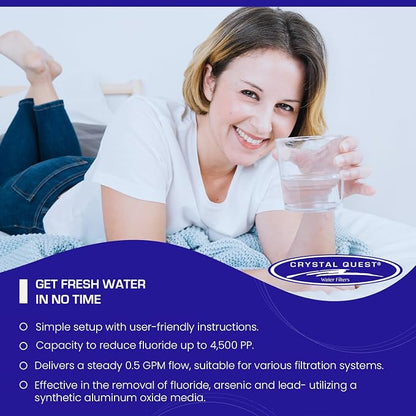 Crystal Quest Aluminum Oxide Fluoride Reduction Filter Cartridge, 2-7/8” x 9-3/4, Advanced Media, 0.5 GPM Flow Rate, Reduces Fluoride Up to 4,500 ppm, Long-Lasting, Easy Installation & Maintenance