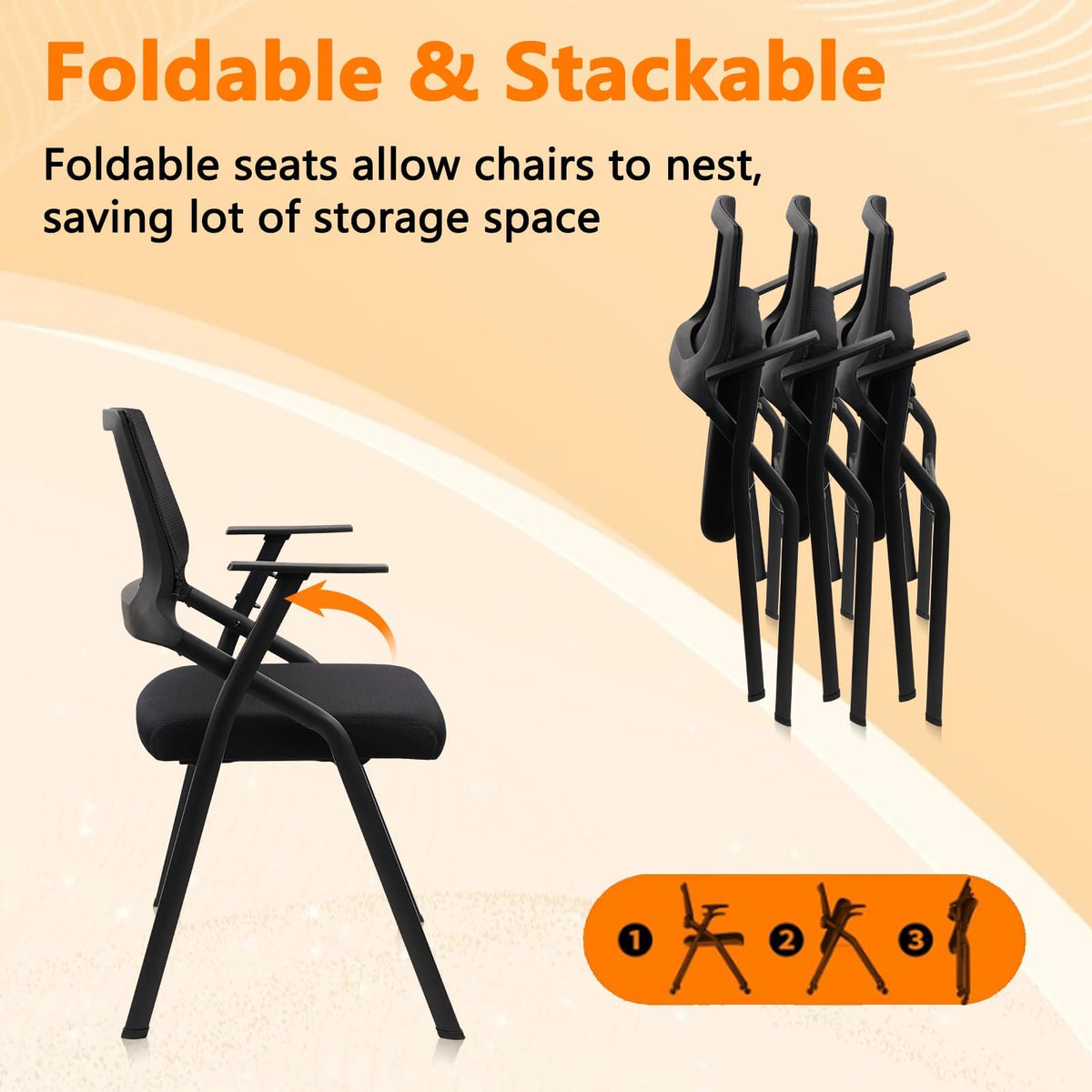 Black (10pk), Stackable & Foldable Office Chairs with Ergonomic Lumbar Support and Thickened Seat Cushion, Folding Mesh Fabric Reception Guest Chair for School Church Lobby Conference Room,
