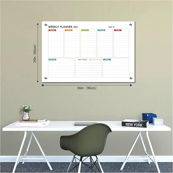 Glass Colorful Weekly Dry Erase Calendar Whiteboard for Wall,24"x 36",Frameless Mounting,Office/School/Home, Frameless Large Planner White Board